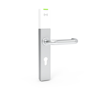 Электронный замок RIVIO Smart с врезной частью 72/55/8, белый считыватель, корпус хром, закруг хром ручка